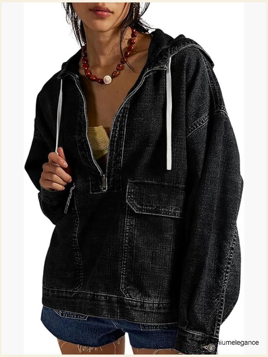 Jackets & Blazers - Oversized Denim Half Zip Pullover Hoodie Jean Jacket Top Sweatshirt with Pockets
